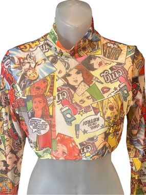 Fashion Nova Multi-Color Pop Art Mesh Crop Top Size M Comics Long Sleeve